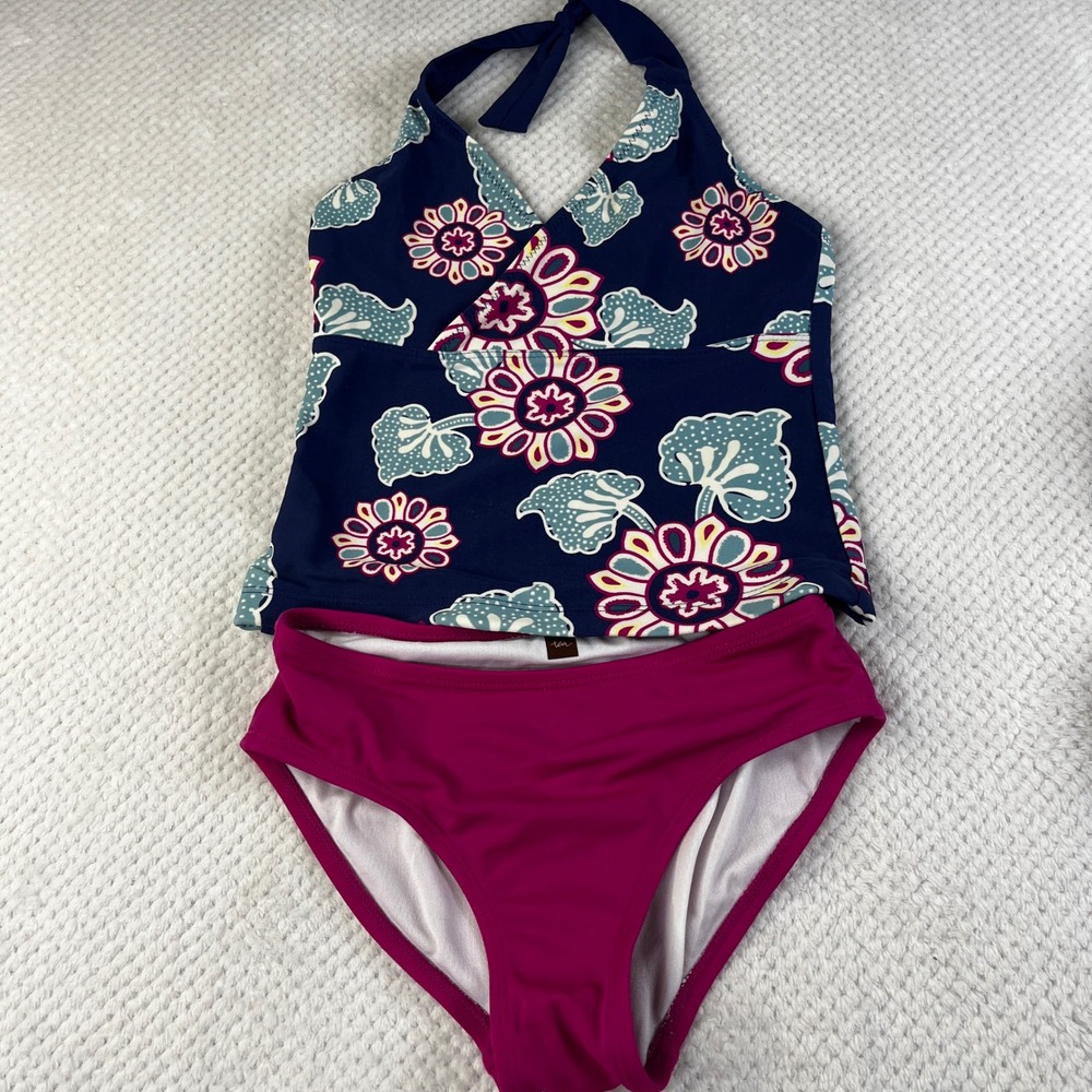 Tea Collection Girls Navy Floral Halter Tankini Swimsuit Set Magenta Pink Size 7